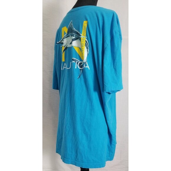 Nautica Fish Responsibly T Shirt Hawaiian Blue Short Sleeve Back Logo XXL Cotton - Picture 10 of 12